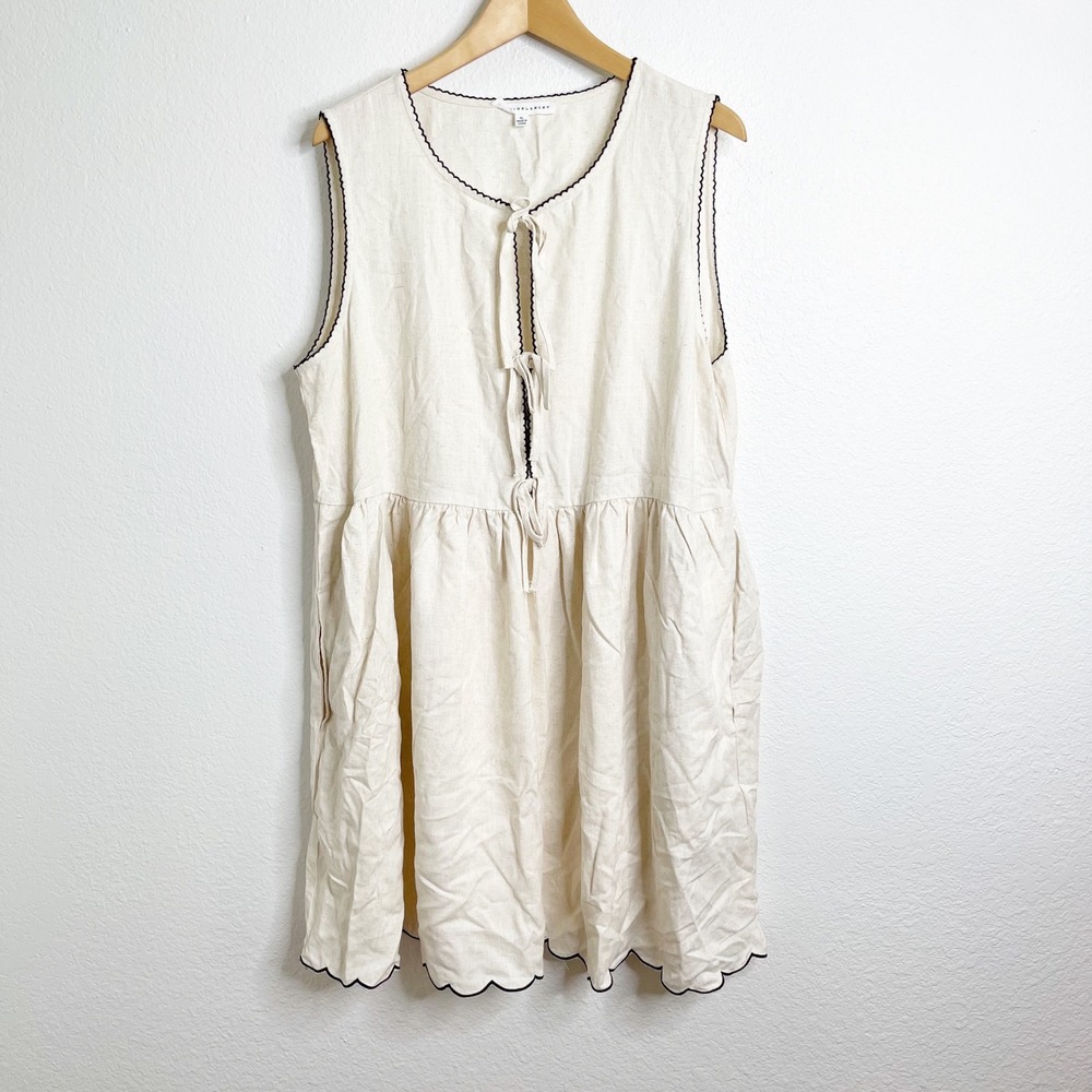 Jane + Delancey Womens XL Linen Blend Scalloped Ric Rac Tie Front Dress Beige